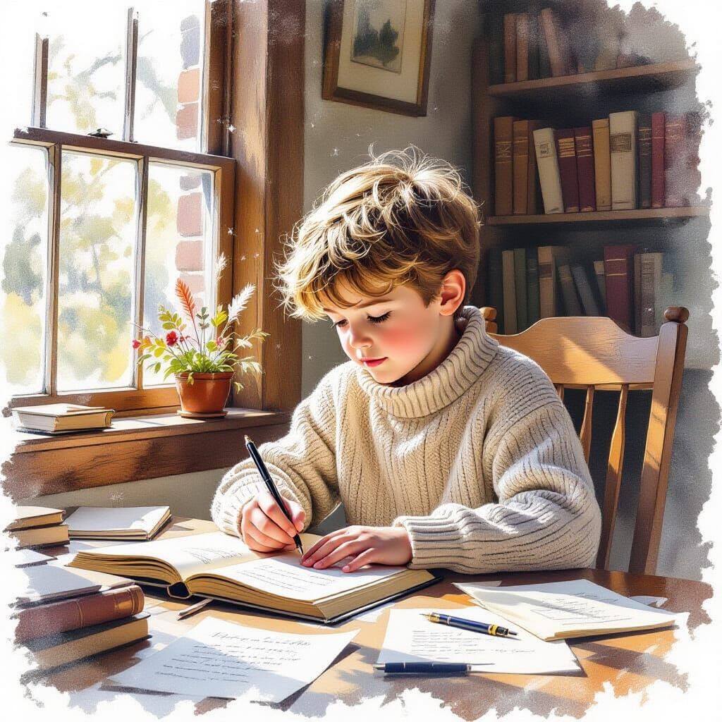 Boy Writing in Journal, Sunlight, Watercolor Style