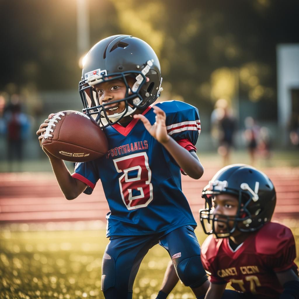 a kid playing football holding a football helmet in his hand