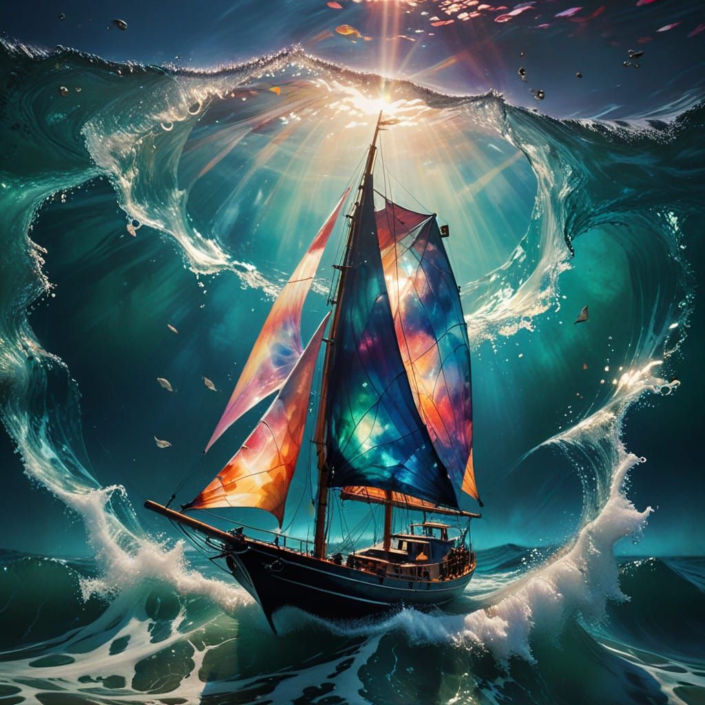 Ocean Waves vibrant triadic color Double-Exposure Maximalist Bismuth Exploded Silhouetted stacked-focus   by @Peregrine Falconer