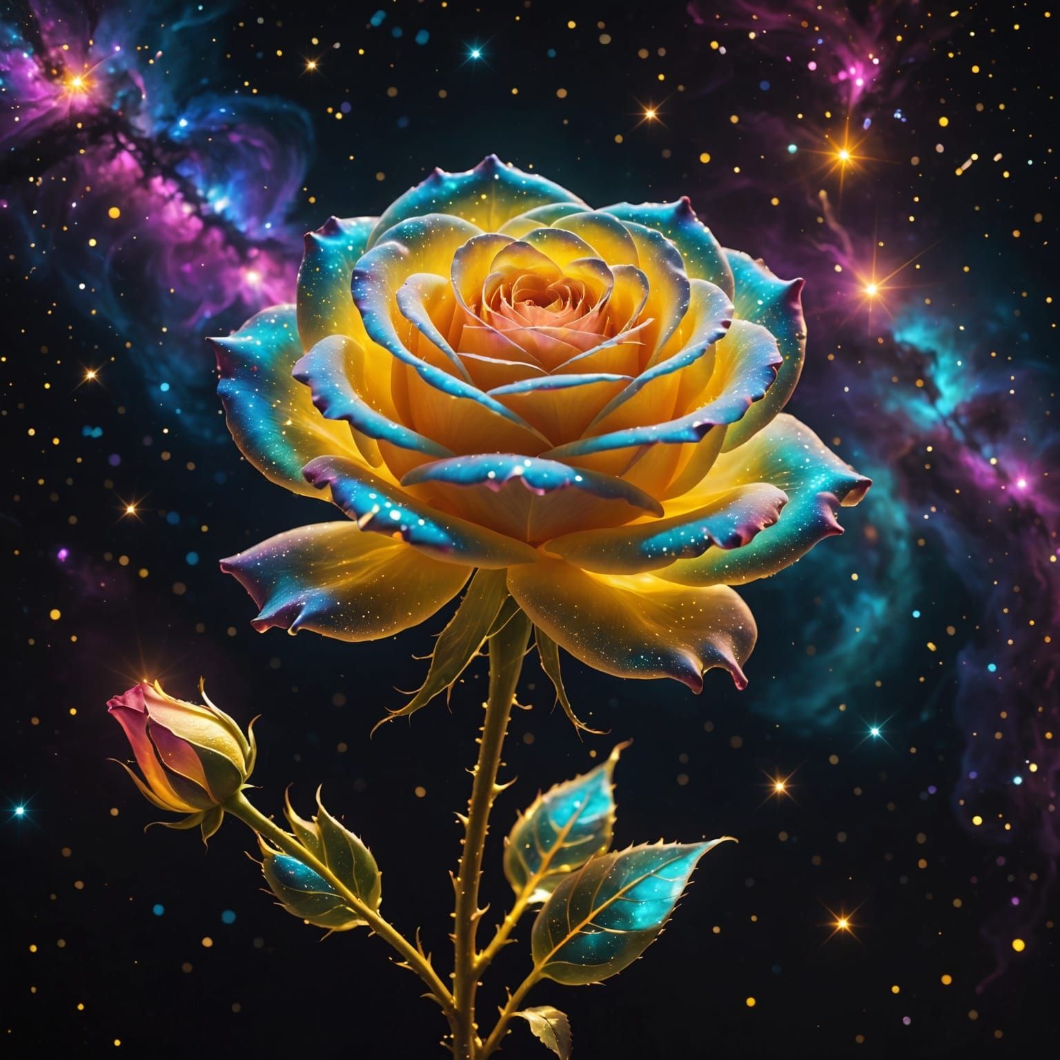 A mesmerizing cosmic rose glowing with ethereal gold and yellow hues, radiating soft neon light. The ...  by @AI