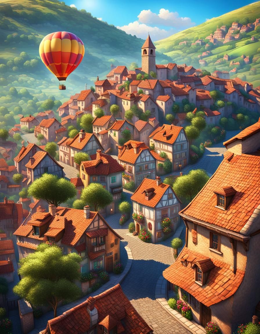 Colorful Hot Air Balloon Soaring Over Village