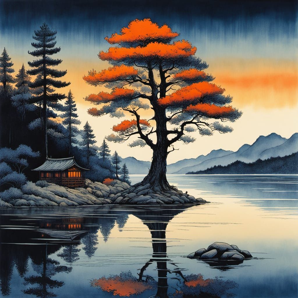 Metallic Engraved Pine Tree by Tranquil Lake