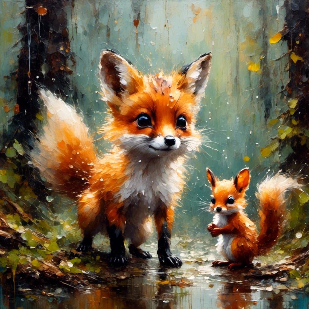 Adorable Baby Fox & Squirrel in the Rain