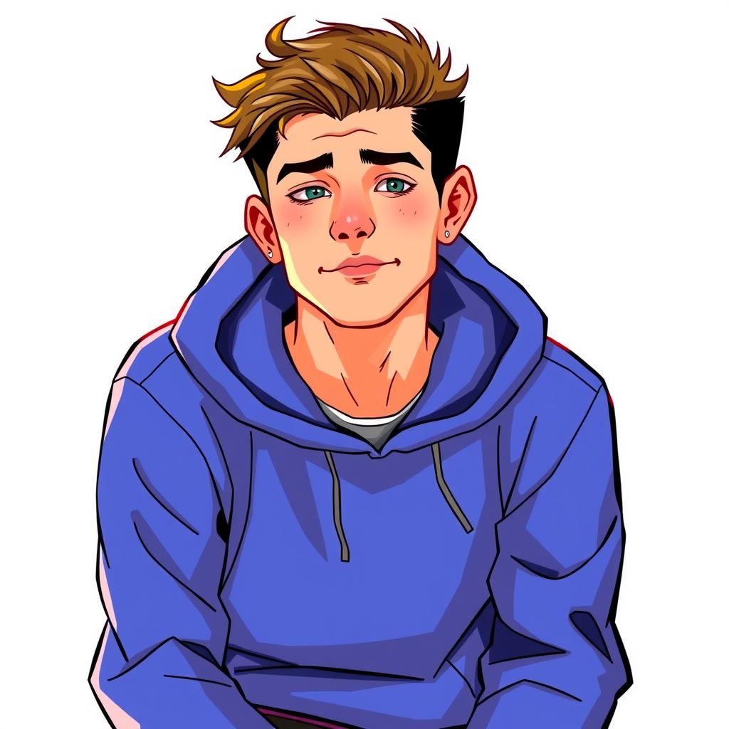 arafed male in a blue hoodie sitting on a skateboard, a char...