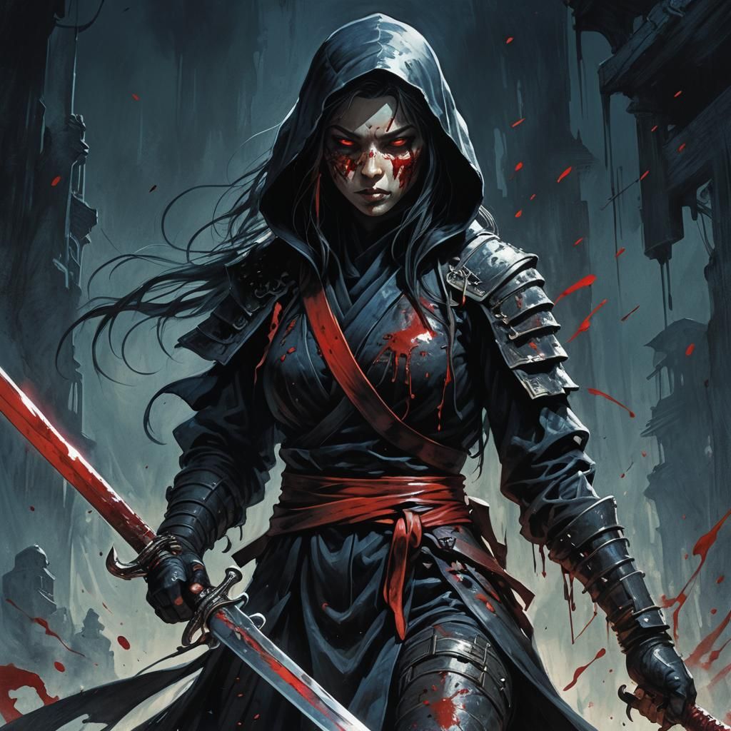 Female ninja in black robes, covered in blood, carrying a re...