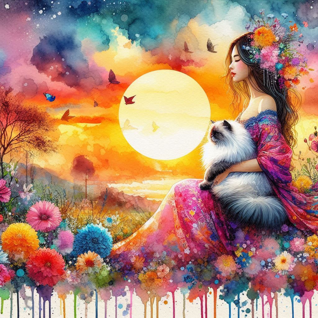 colorful woman with cat