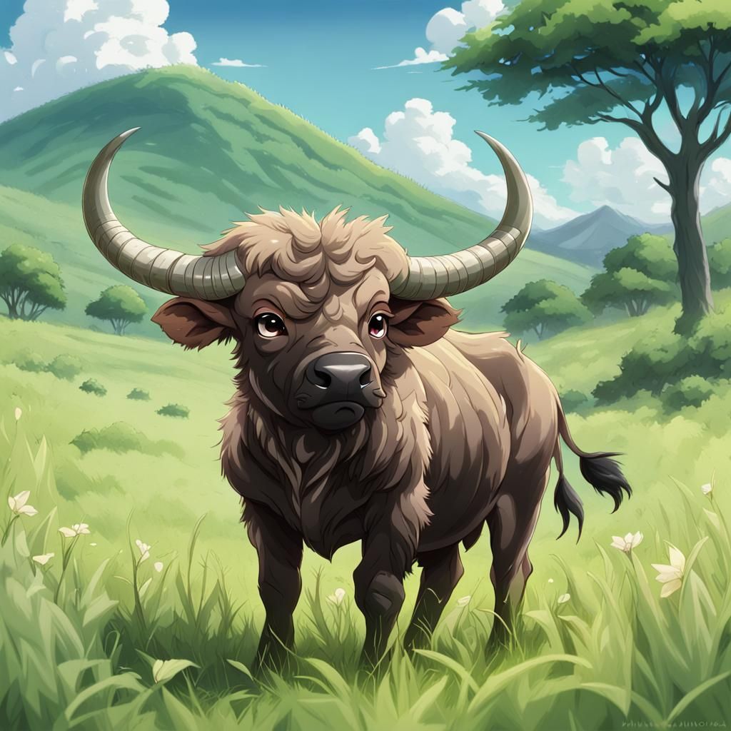 baby african buffalo with horns standing in a green meadow by artist ...