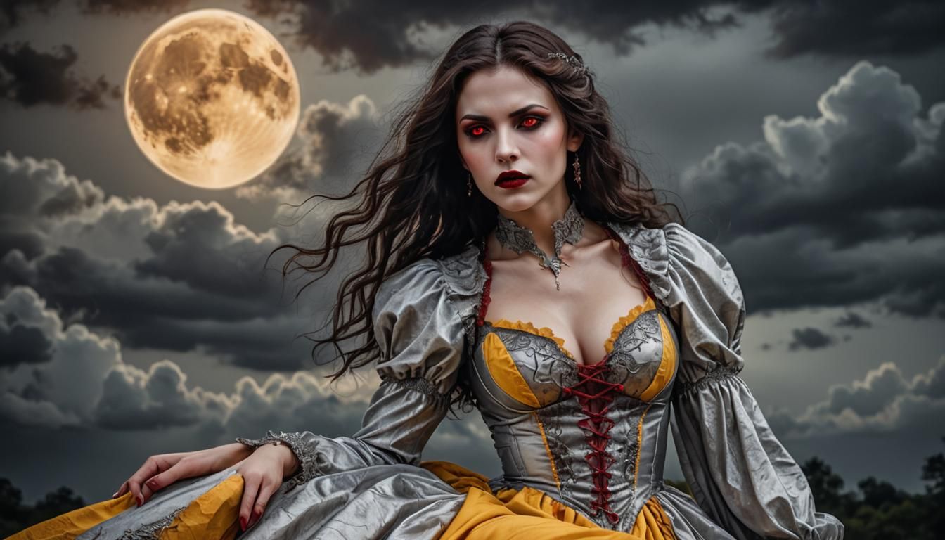 Beautiful vampire woman  sitting under a red blood moon. Viv...