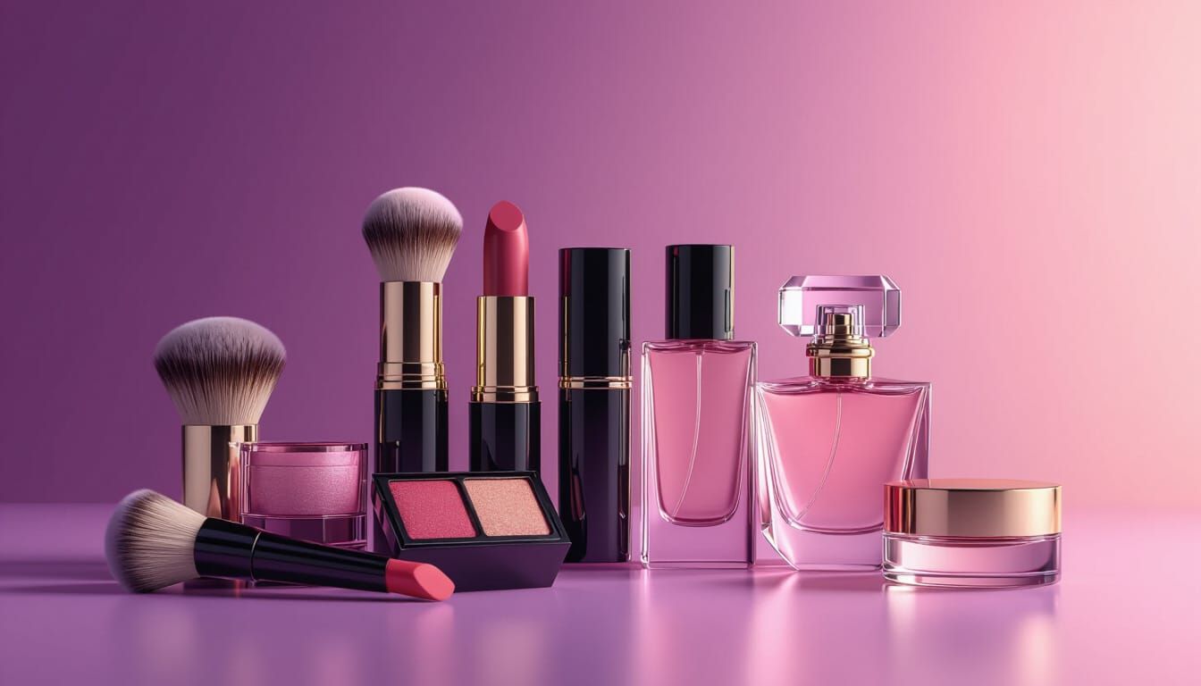 A modern and minimalistic website slider design, size 5900x1430, themed around cosmetics and beauty products. Use elegant makeup elements su...