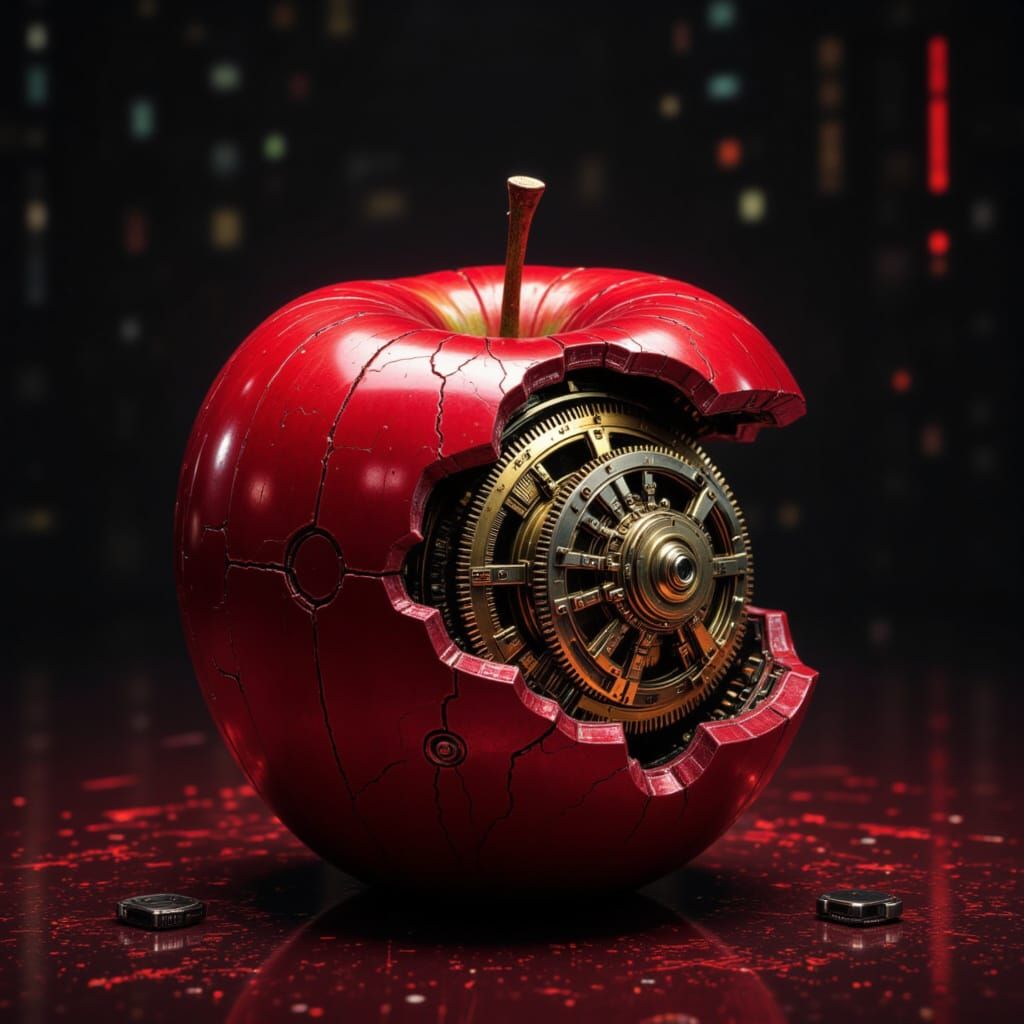  <lora:Cyberpunk Style:1.2>

The Razor-Edge Apple

Visual: A perfectly red, glossy apple with a skin that looks like polished chrome. It ref...