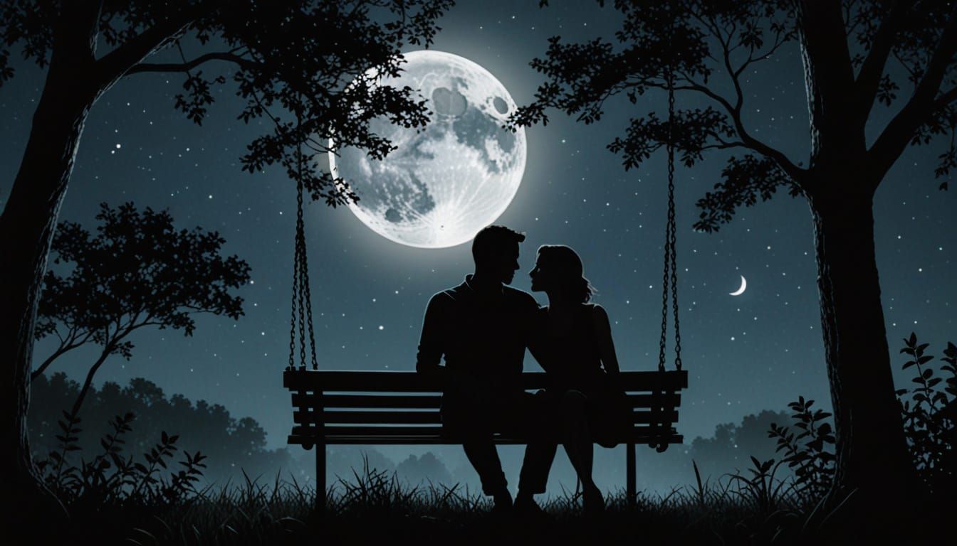 A couple sitting in a porch swing facing the camera. The woman rests her head on the man's shoulder. ...  by @GMartini42