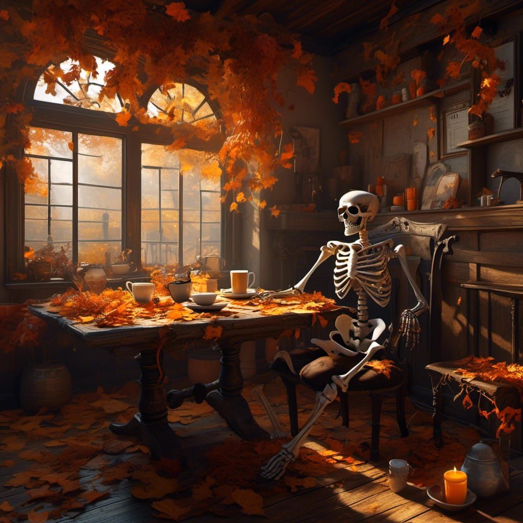 <lora:Double Photoreal v1:1.0> skeleton drinking coffee in the fall 