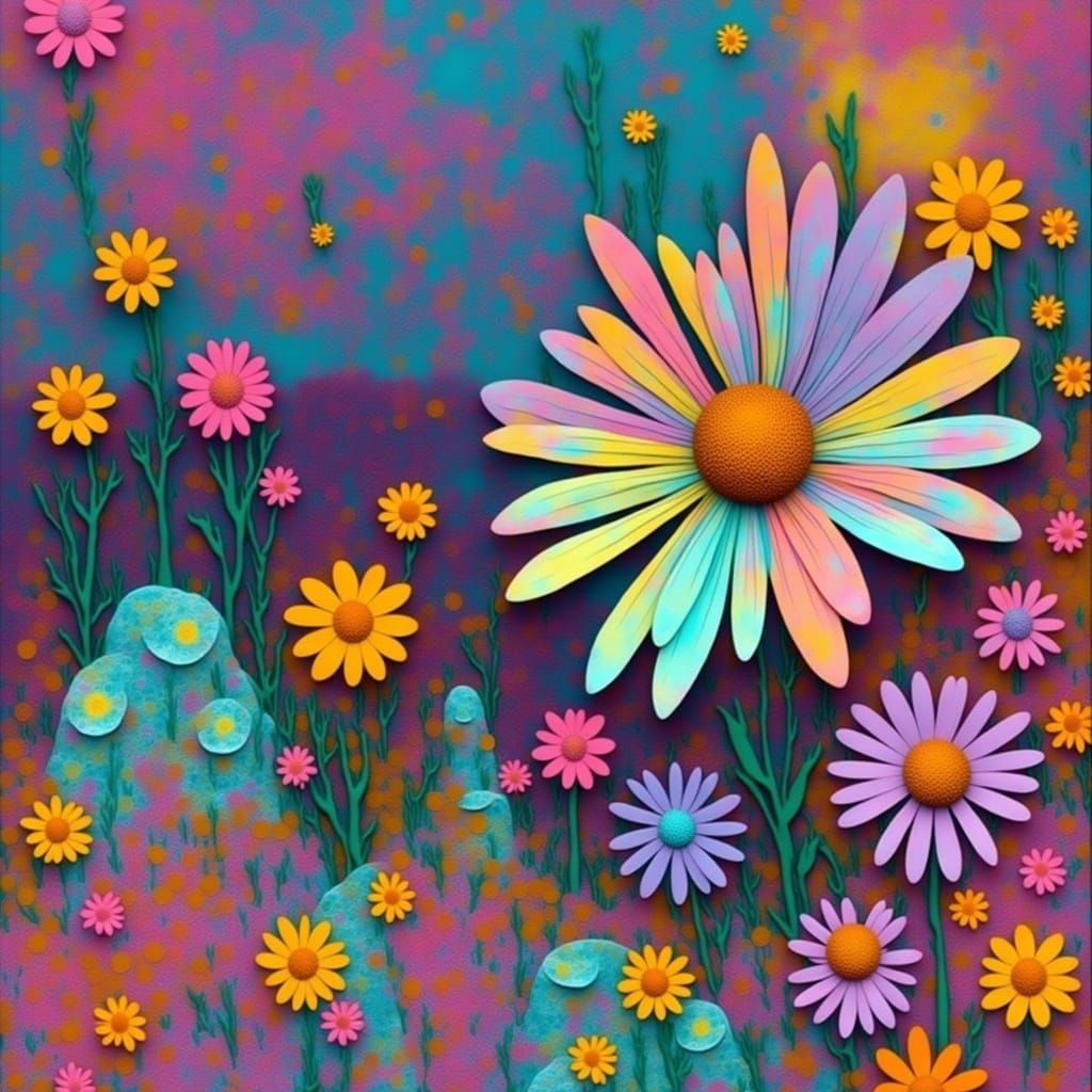 <lora:Gelliprint:1.0>  A delicate, intricate daisy flower with layered petals in soft pastel hues, set against a dreamlike, surreal landscap...