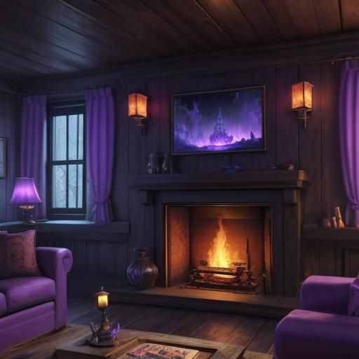 magic cabin living room, floating lamps, fireplace, purple f...