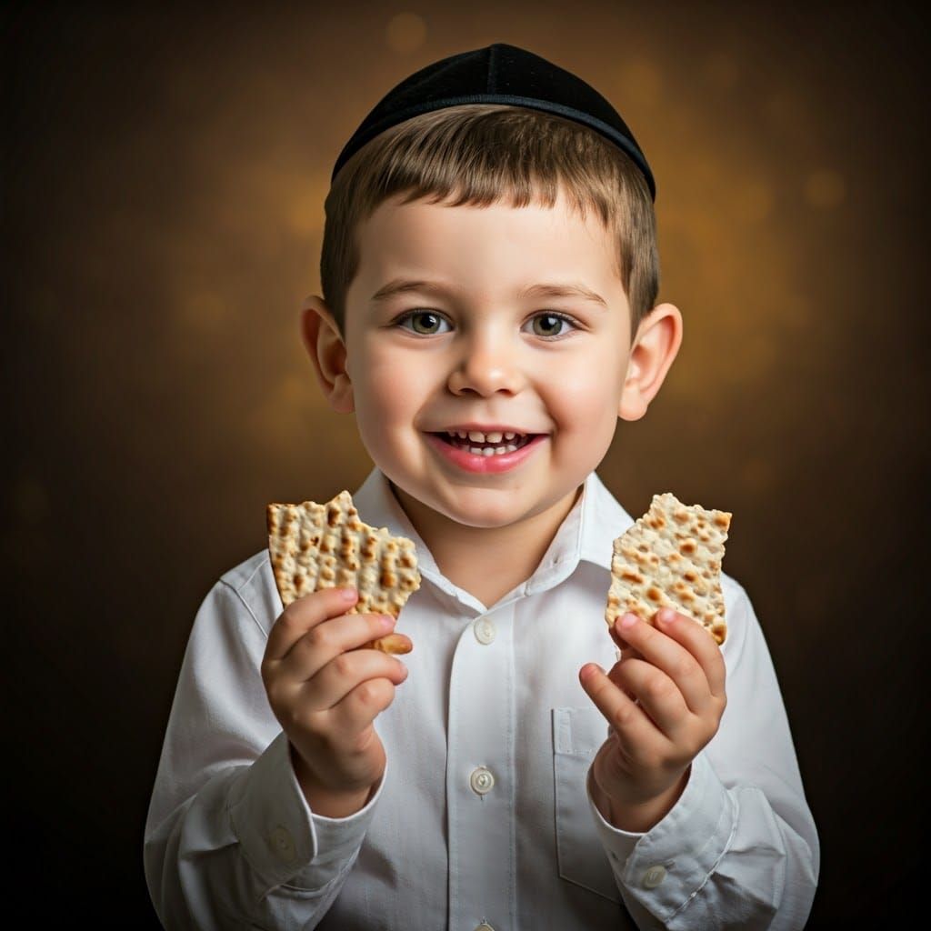 Young Haredi Boy Holds Golden Matzah Ends with Joyful Energy