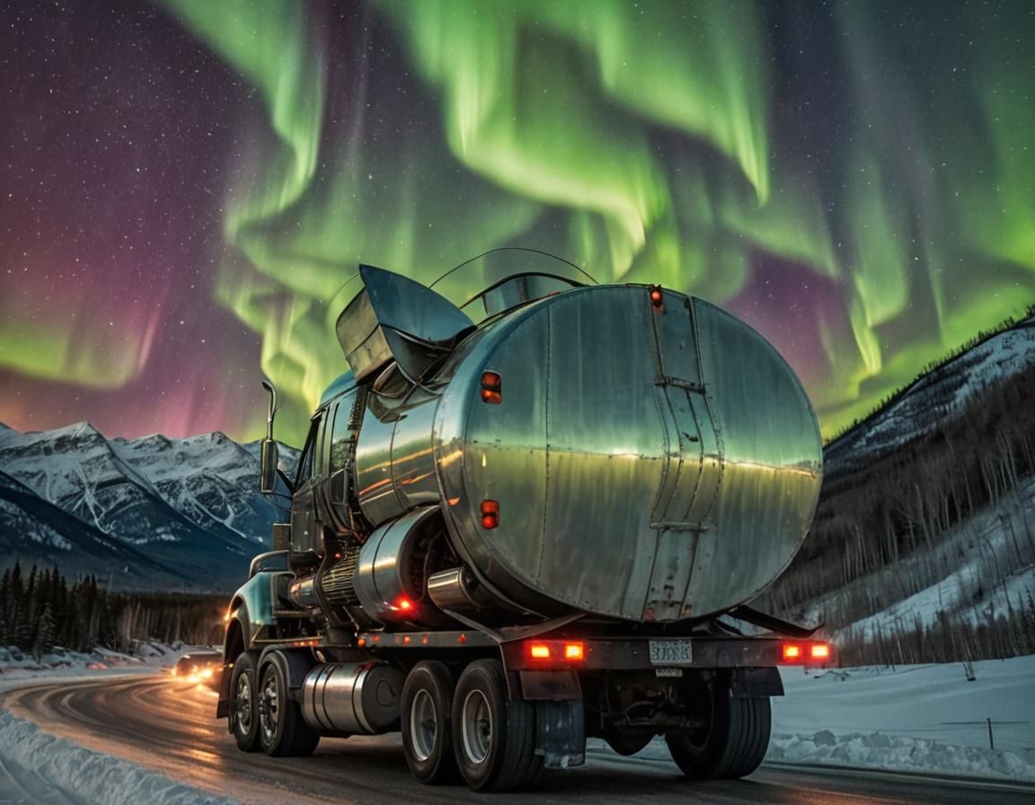 A 18 wheeler going down the road by the mountains and the no...