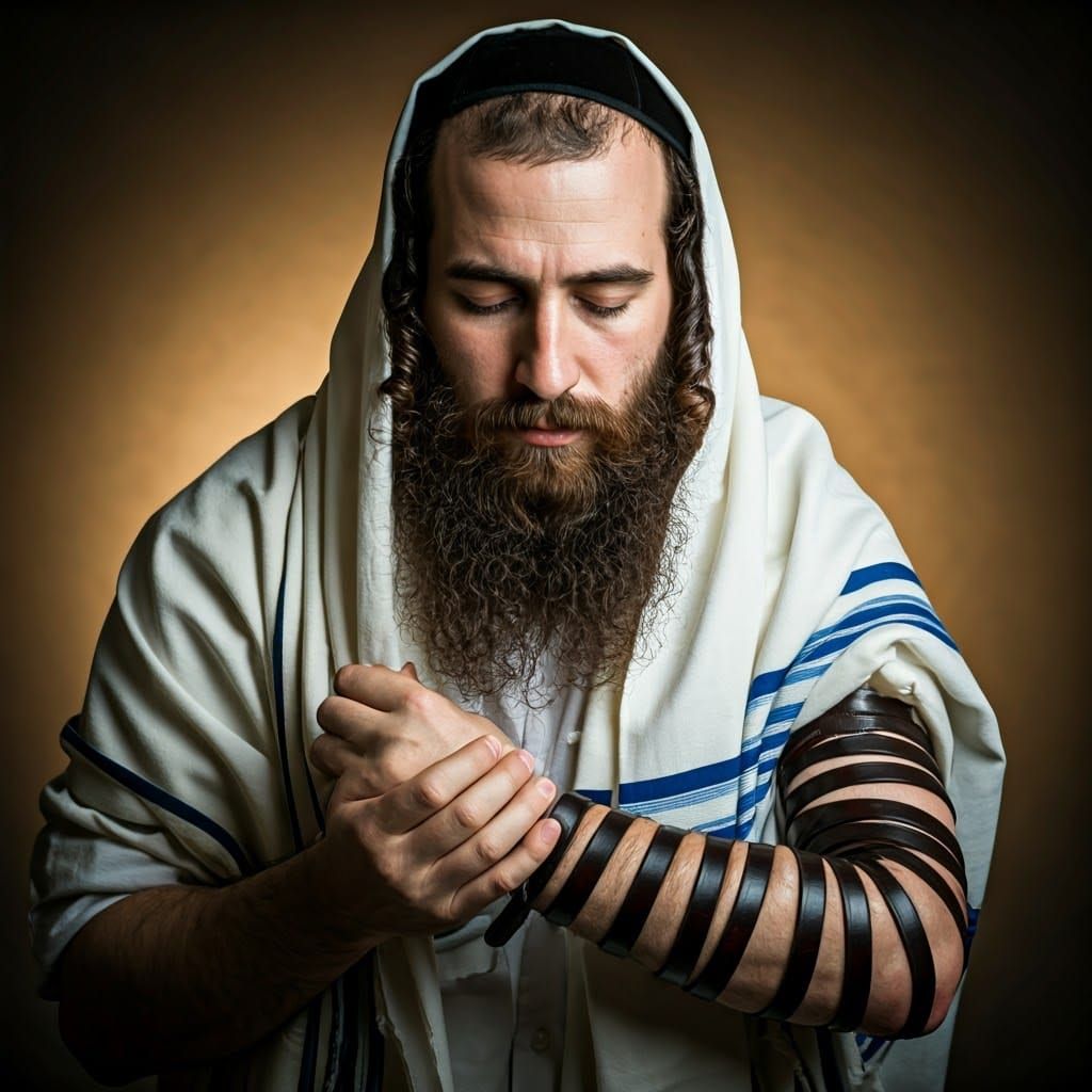 יהודי עטור בראשו בבית של תפילין של ראש ובידו השמאלי תפילין ש...