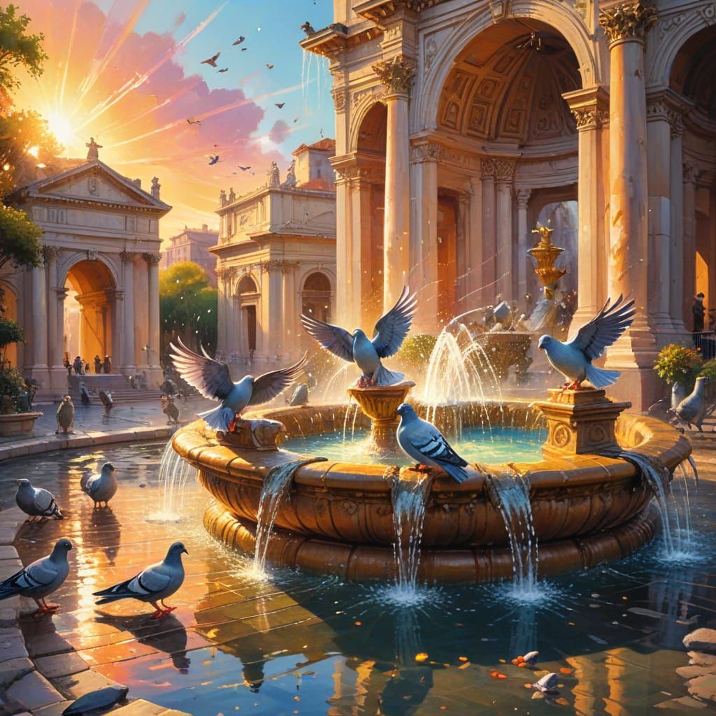 alcohol ink watercolour pigeons bathing in Roman fountain, showing splashes, sparkling water, rainbows ...  by @Nobomi
