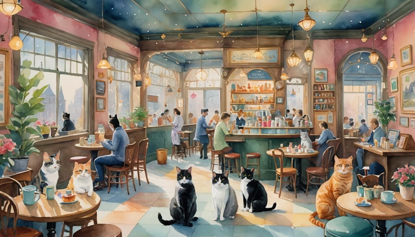 A whimsical watercolor of a cat cafe, with cats lounging aro...
