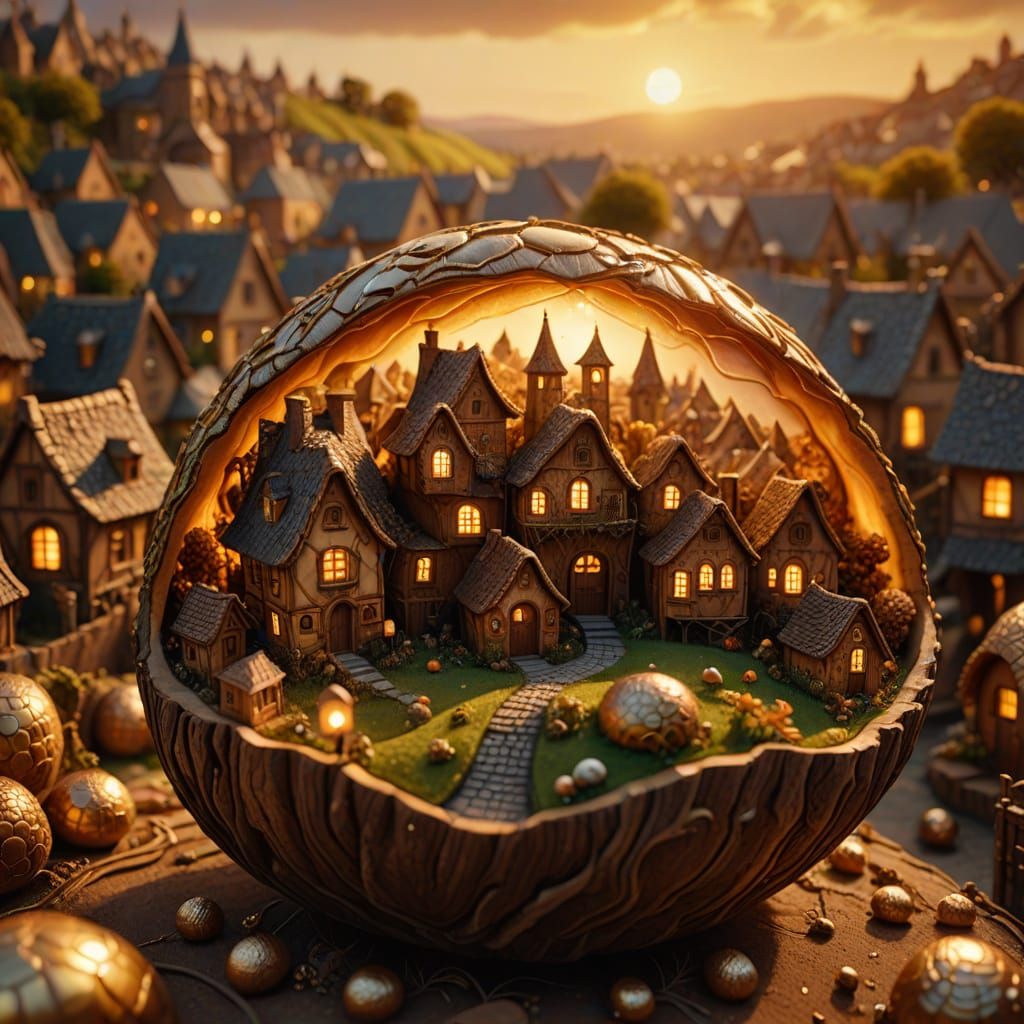 A village inside a shining gold walnut shell   by @DW