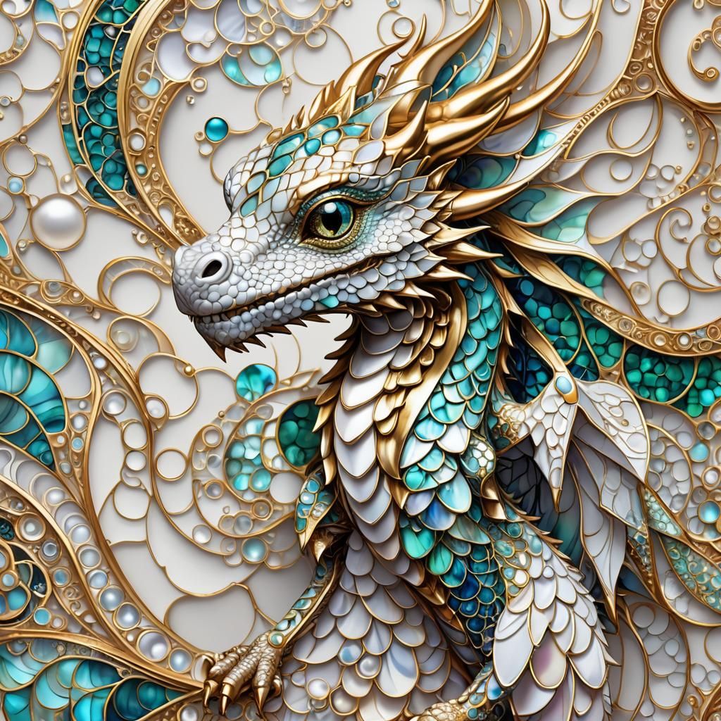 a cute baby dragon pearl white iridescent scales, with Zentangle patterns and gold edging, alcohol ink ...  by @whiterose