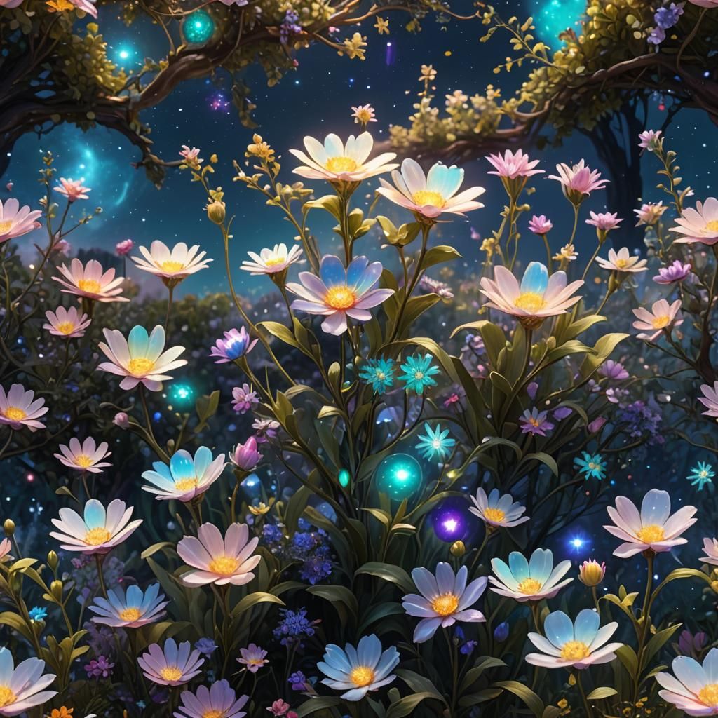 Opal crystal flowers, in a garden, Milky Way galaxy, shining...