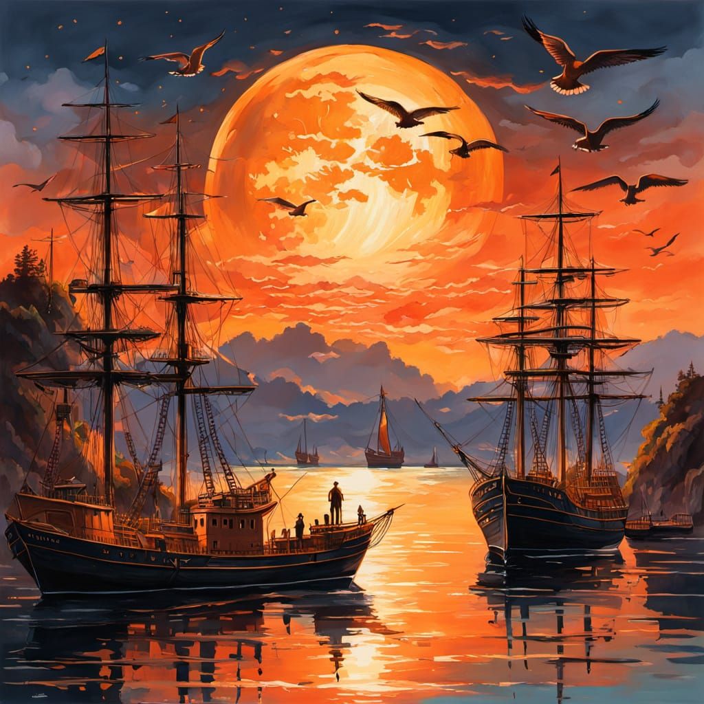 A majestic bronze moon takes up half the sky, casting a warm orange glow over a tranquil bay where ships ...  by @Barabashka