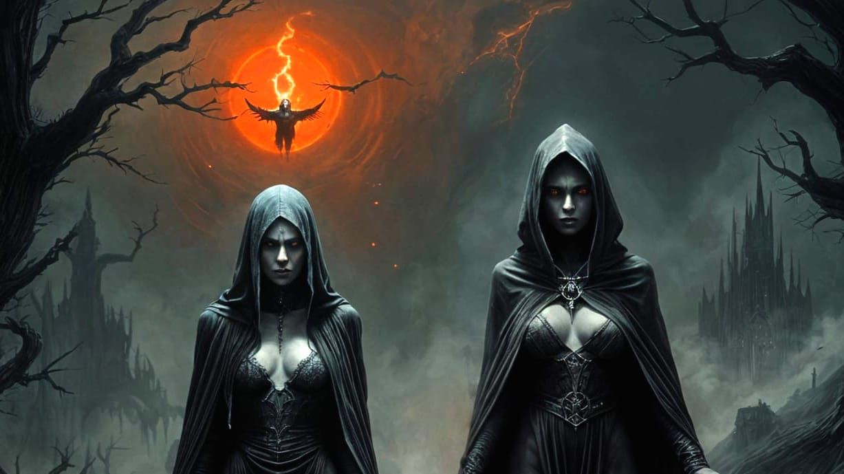 A dark-robed female figure with wicked intent, her piercing eyes glowing with an inner malevolence, exuding a satanic glare as if conjuring...