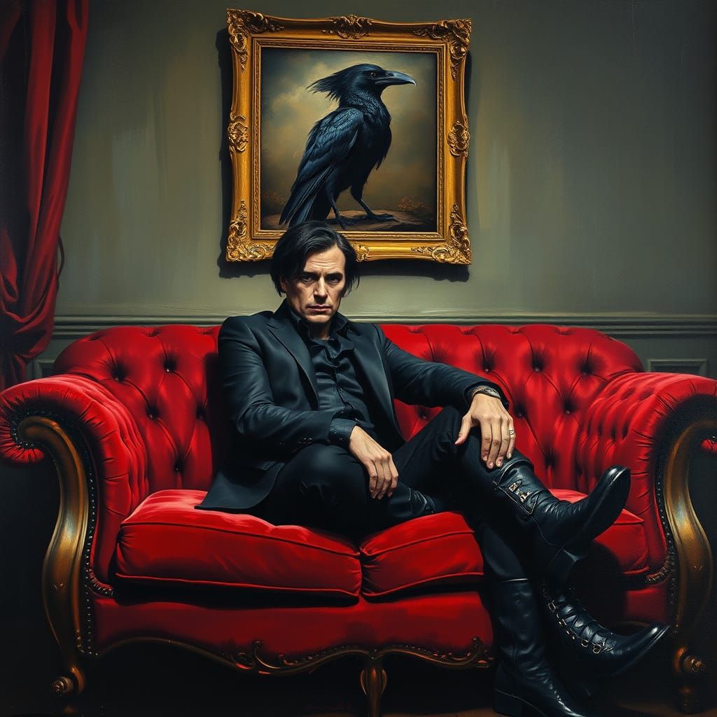 "Transform the image into an oil painting with an impasto style, featuring a man sitting on a luxurious red velvet sofa. He should have dark...