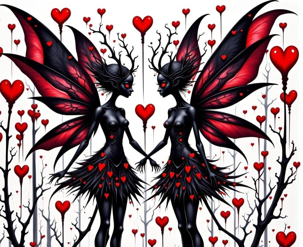 <lora:My Darking Valentine:1.0> Inspired by the styles of James Jean, Loish, and_chiibu, a vibrant darkling Fae and creepy Fae are ready for...