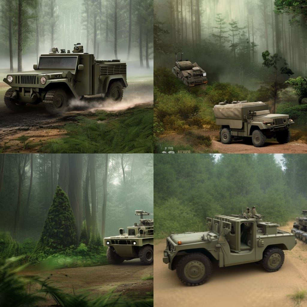 a tan Humvee driving through a forest with a machine gun on ...