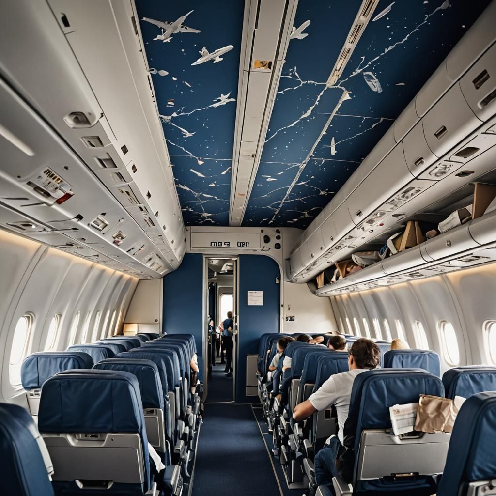 A photorealistic image of the chaotic interior of a Boeing 7...