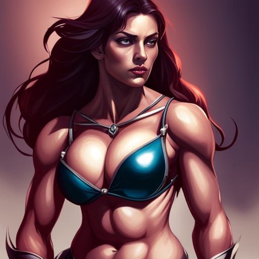 beautiful muscular girl with large bust, wearing bra exposin...