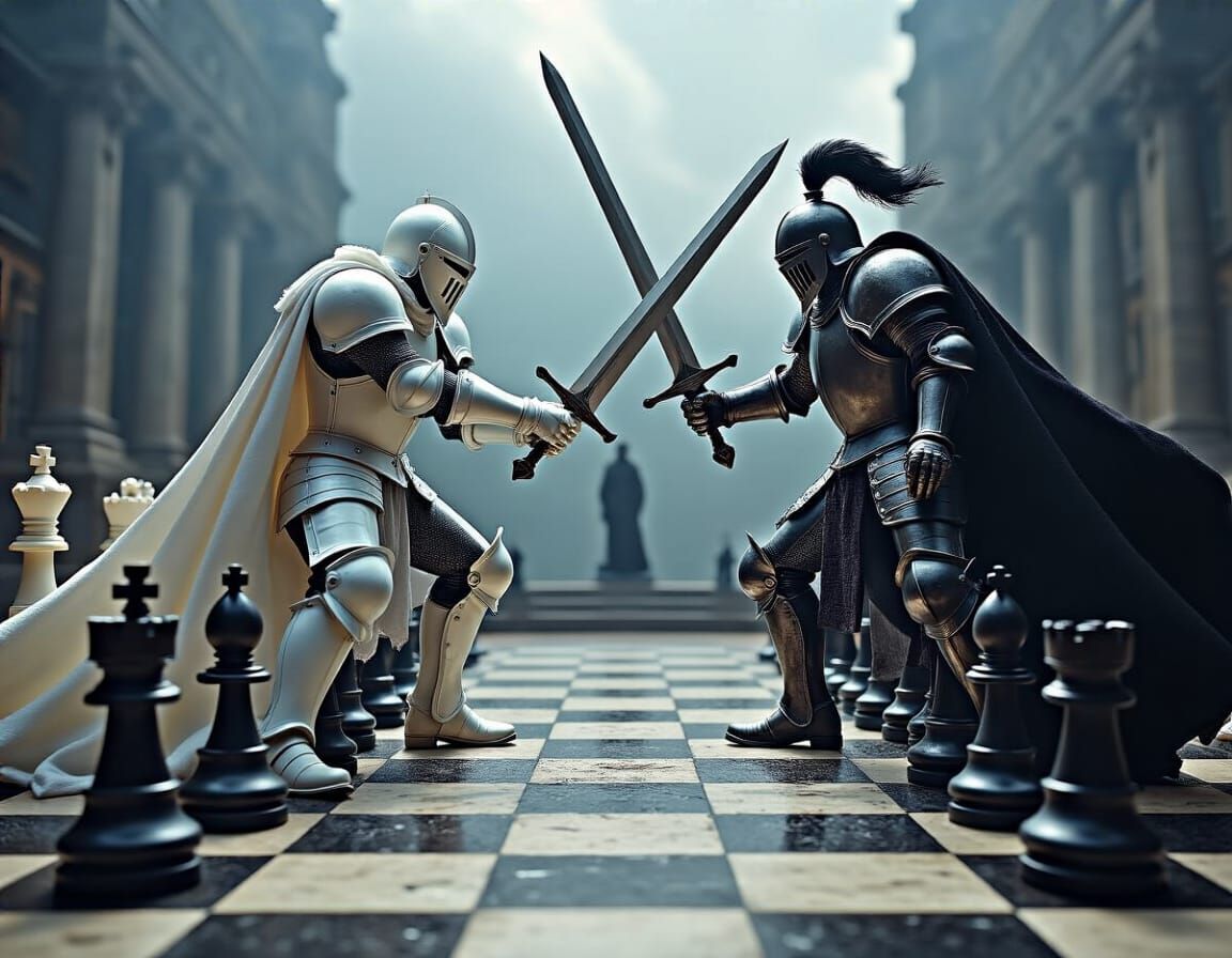 Dramatic cinematic photoreal view of the White Knight battling the Black Knight with swords on a giant fantasy chessboard.