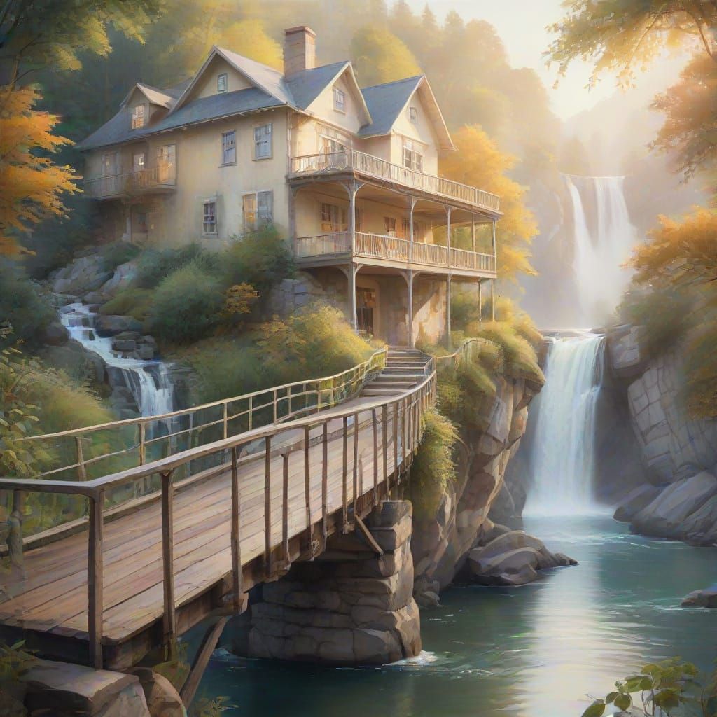 Watercolor Bridge Over Infinite Waterfall with Serene House
