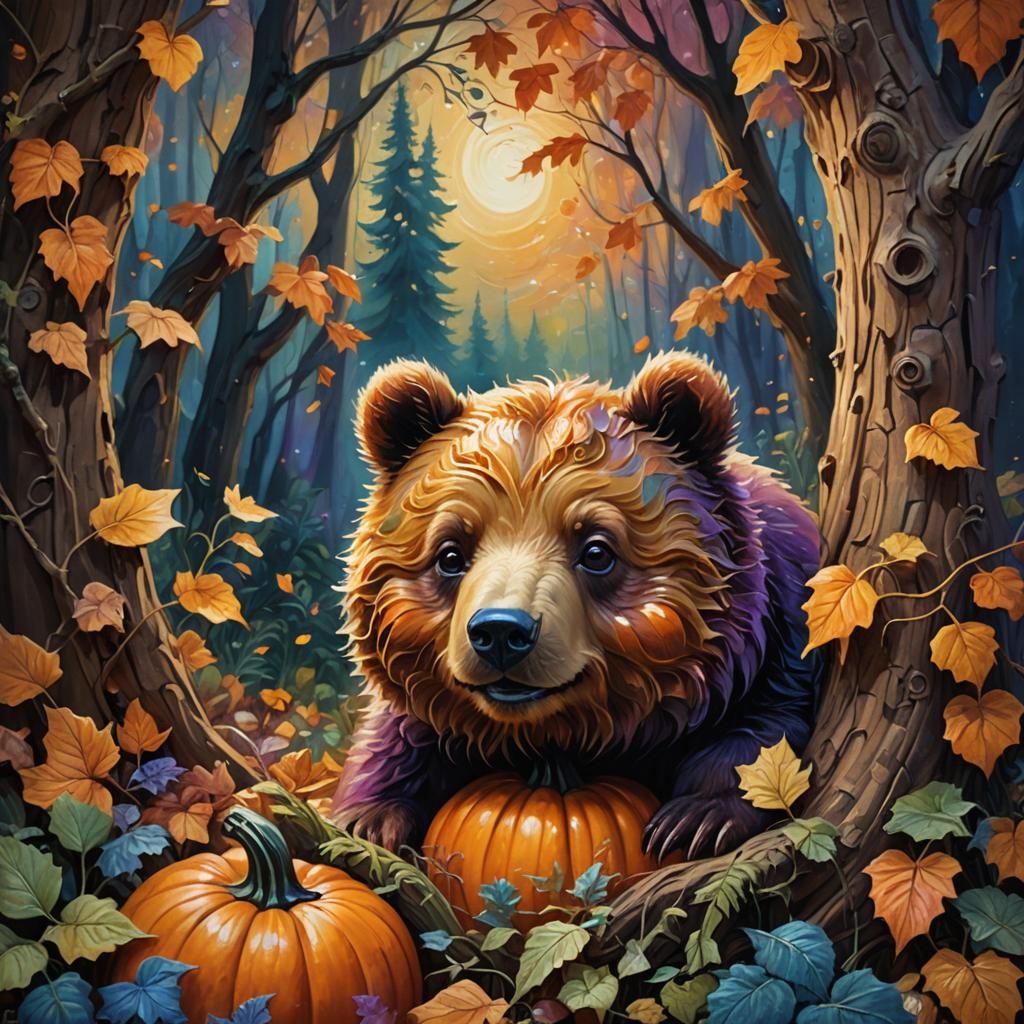 Baby Bear in Pumpkin, Whimsical Fantasy Art