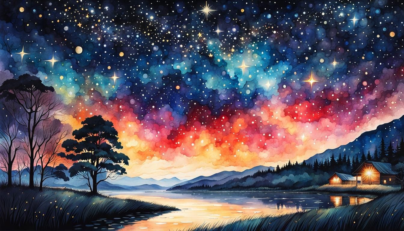 Captivating illustrations featuring expansive starry night skies filled with twinkling stars, hyper details, ...  by @Alan
