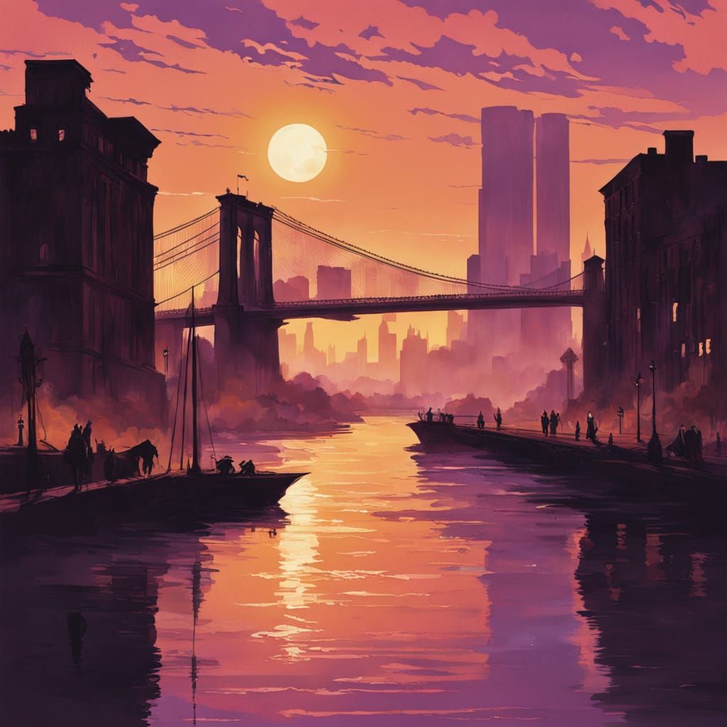 Royal Spirit Silhouette by Brooklyn Bridge at Twilight