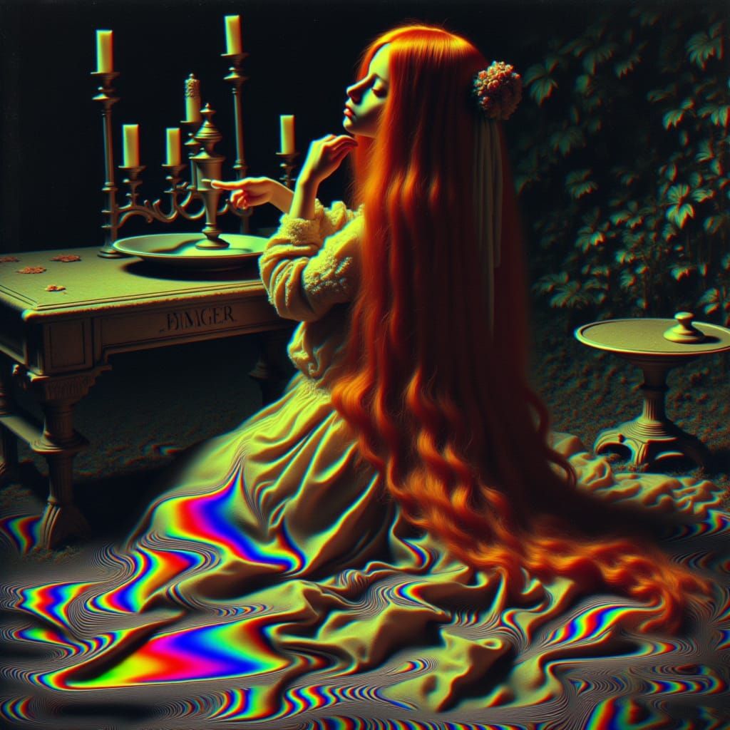  <lora:Sratoscuro:1.15> rainbow abstraction, dark analog footage, xenon 1600 iso, perfect polaroid of a beauty woman sitting on a grave and ...
