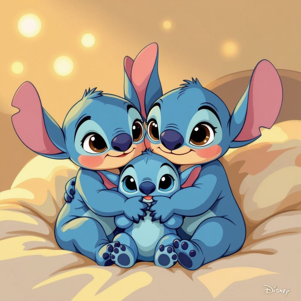 Twins Hugging Stitch in Storybook Style