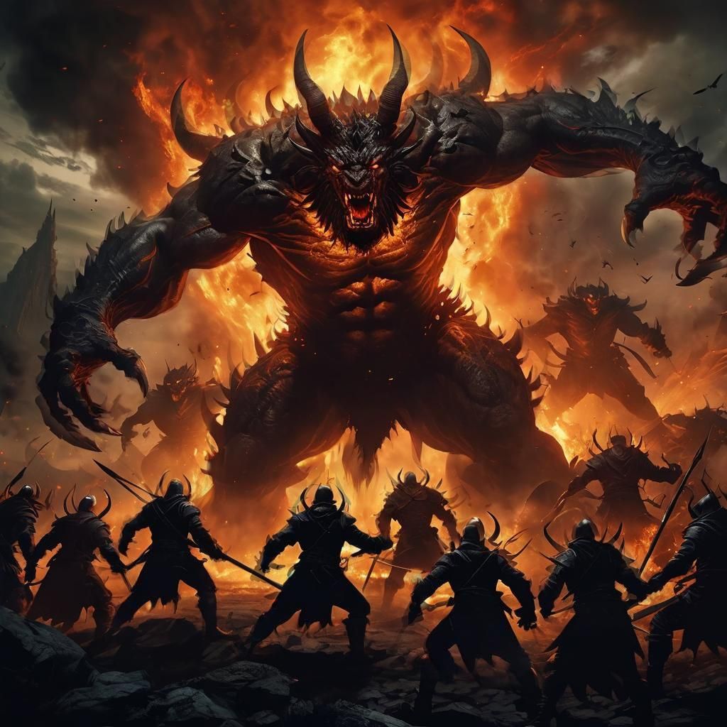 Amidst a hellfire-lit battlefield, travelers clash with a colossal, frenzied demon in a desperate struggle for survival.