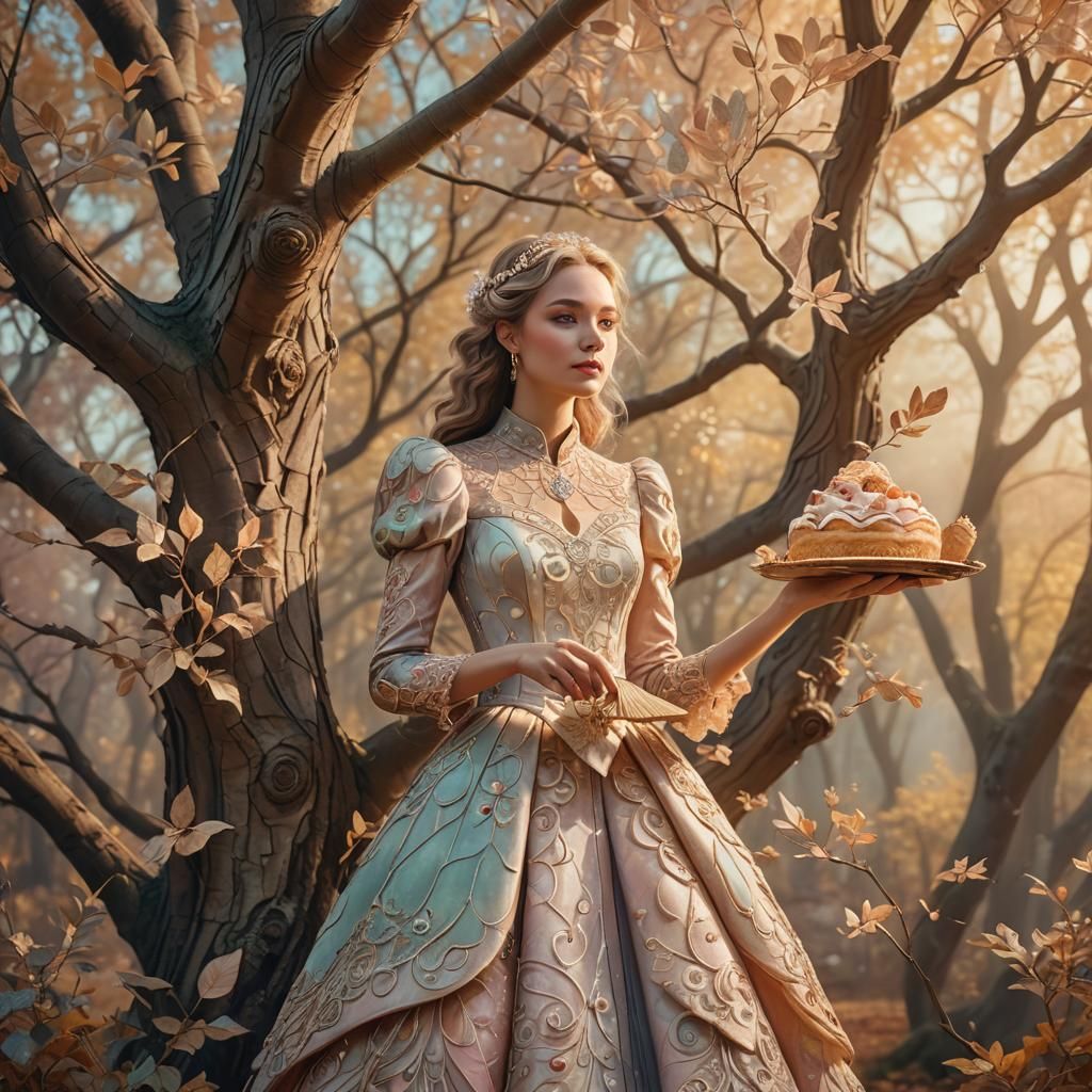 Whimsical Fantasy Scene with Elegant Woman and Magic Tree
