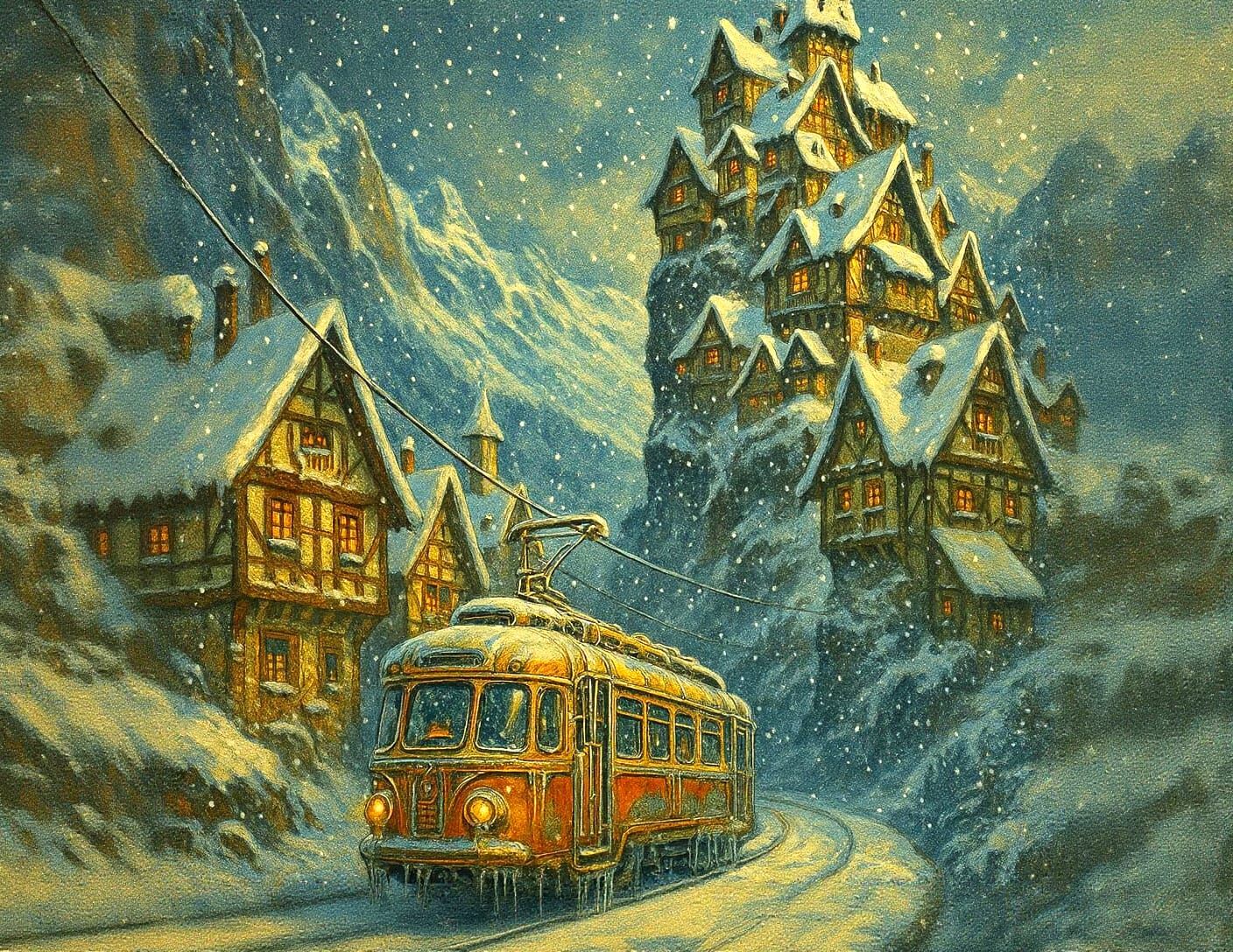 a [retty steam train with steam spelling out the words "Choo Choo" trailing behind it, going through a German-themed village in the snowy mo... - Start Image 2