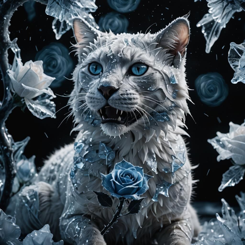 mystical feline crafted from ice and snow, its fur adorned w...