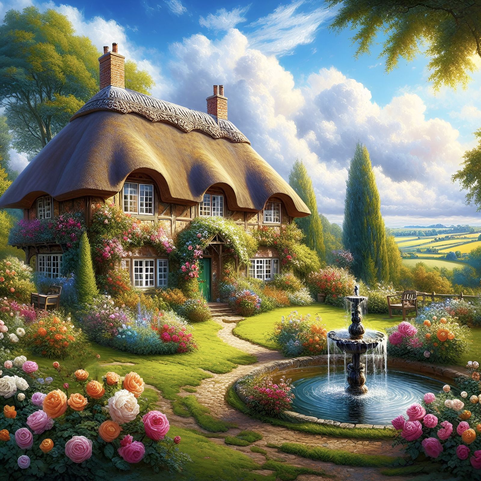 Thatched cottage - colourful roses (water fountain)