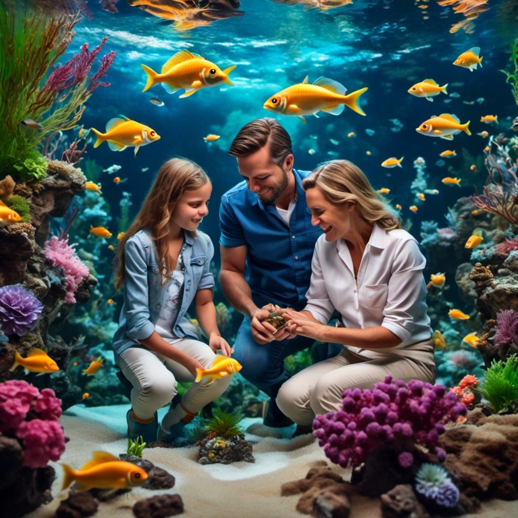 A family of four is enjoying their time at a  aquarium with ...