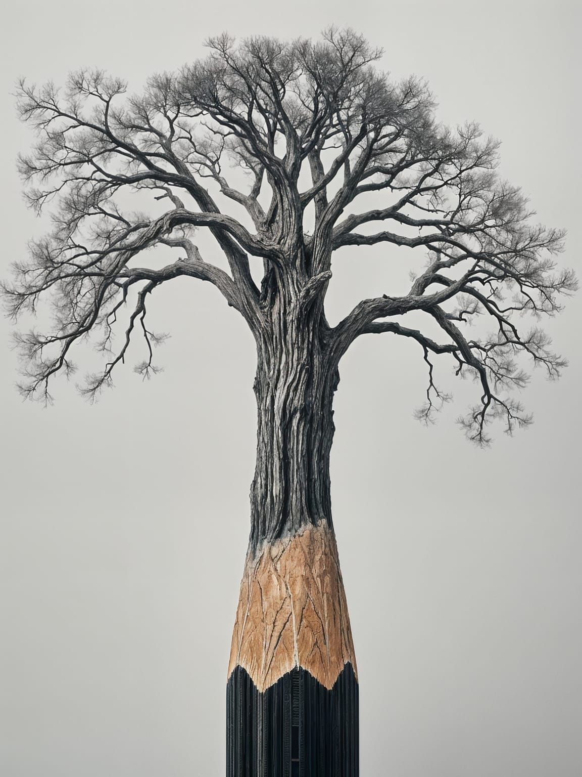 Pencil Metamorphous - A pencil transforming into a towering tree with branches of graphite Close up portrait, ...  by @Lennis
