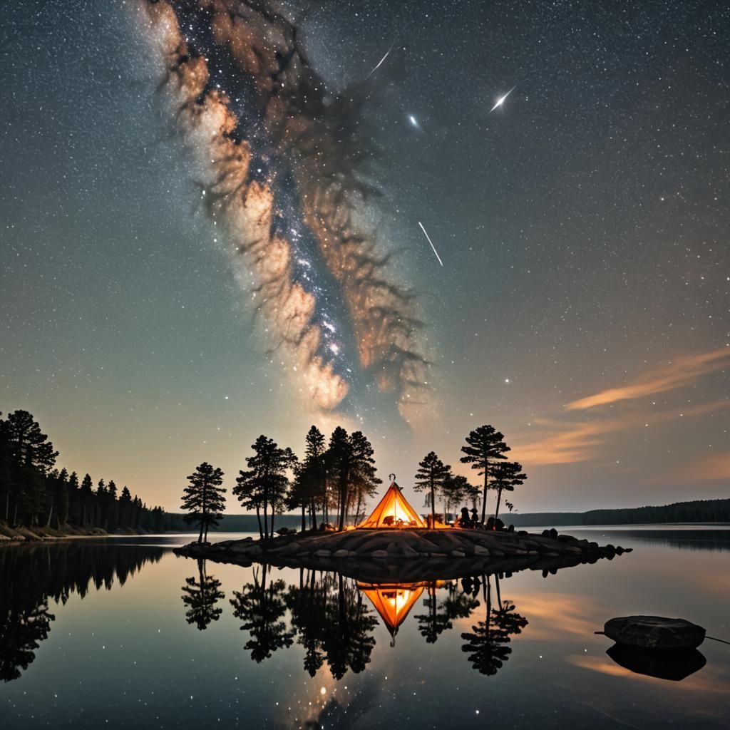 A couple on a small island in the middle of a lake with a camp fire, tent, hammocks, cooler. Beautiful ...  by @Dantonio