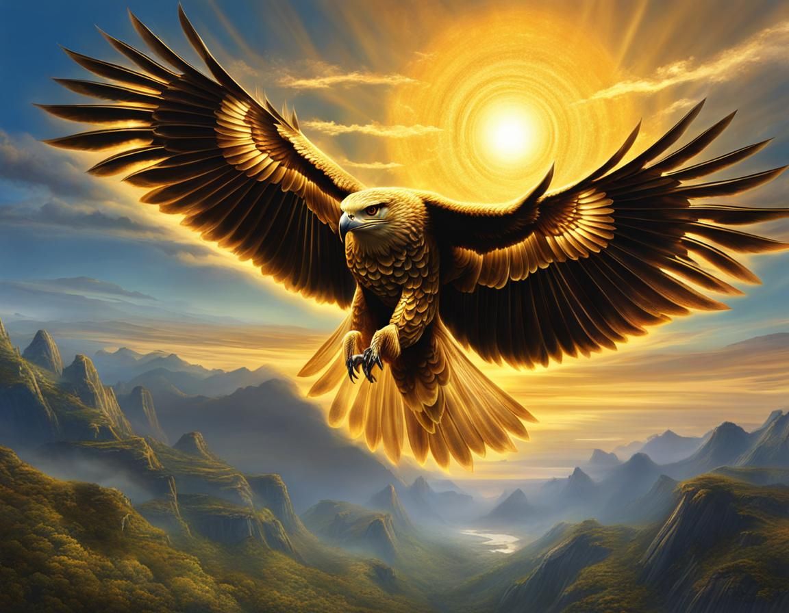 fantasy art, Shimmering golden Sun hawk in flight - AI Generated ...