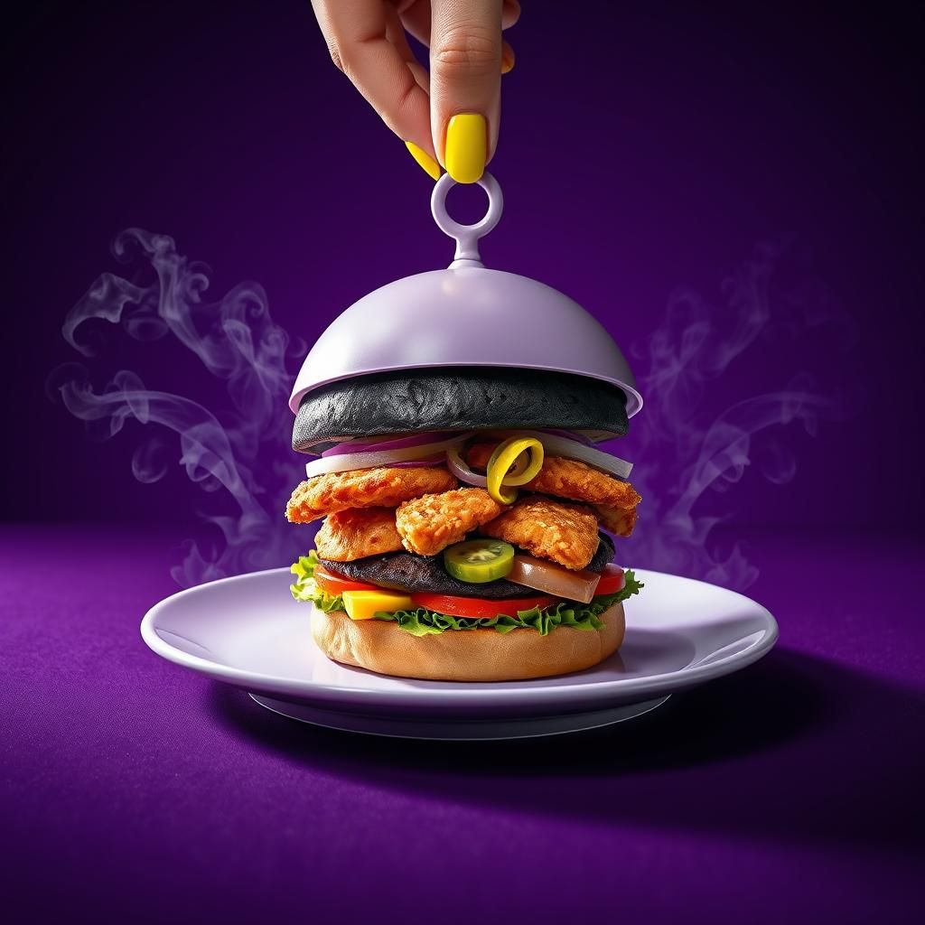 A gourmet burger with a charcoalblack bun AI Generated Artwork
